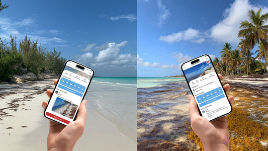a split screen of a nice and bad beach with the beachday app showing reviews