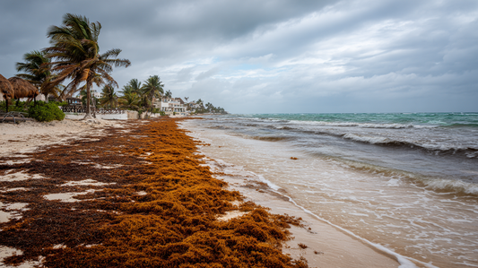 Beach with murky water and sargassum