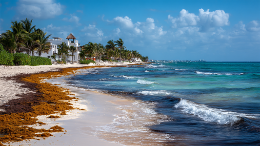 Playa del carmen with sargassum on the beach
