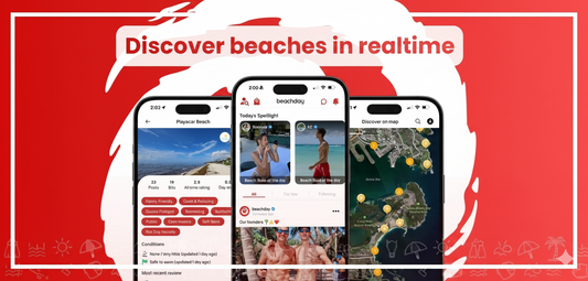 Beachday app interface mockups with text: Discover beaches in realtime