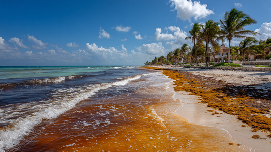a beach with sargassum in the riviera maya
