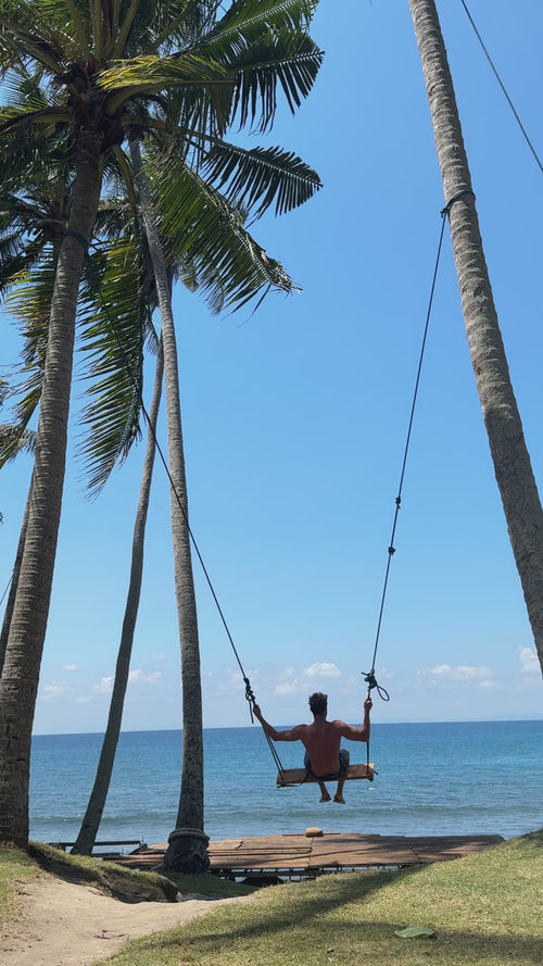 Man swinging from palm trees by ocean